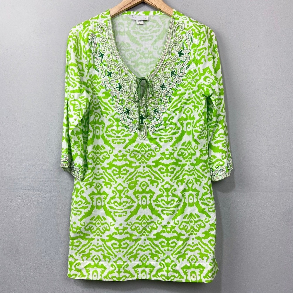 Soft Surroundings Tunic Top Size‎ M Green White Embellished Beaded Boho Resort